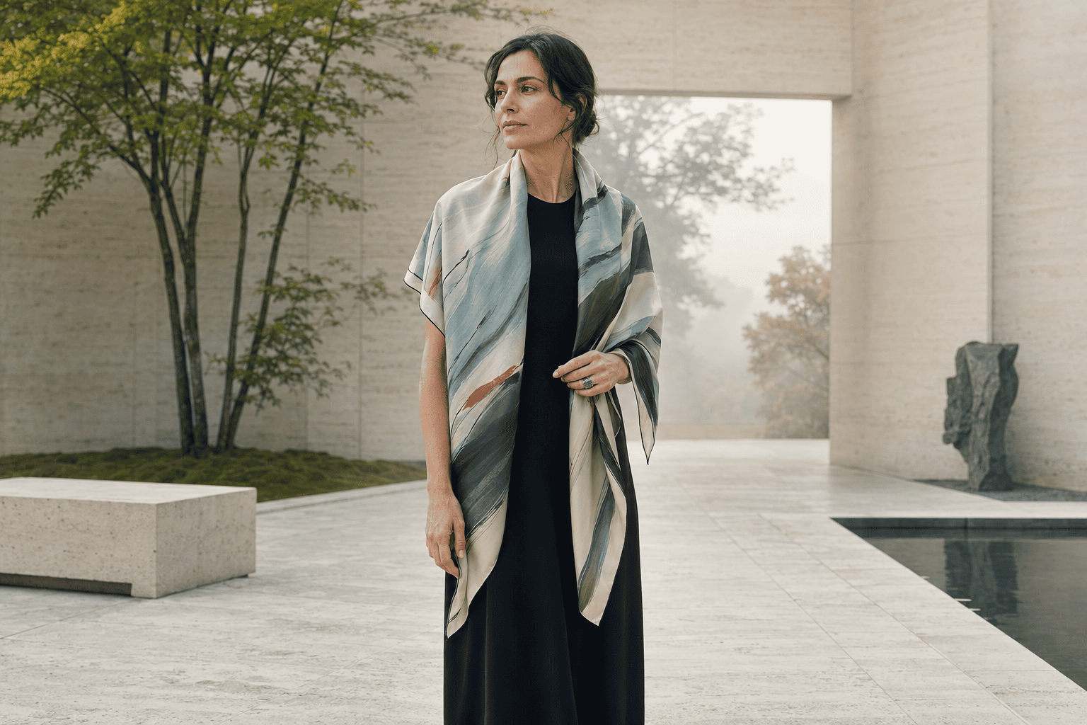 Woman wearing a large silk scarf draped elegantly over a black dress