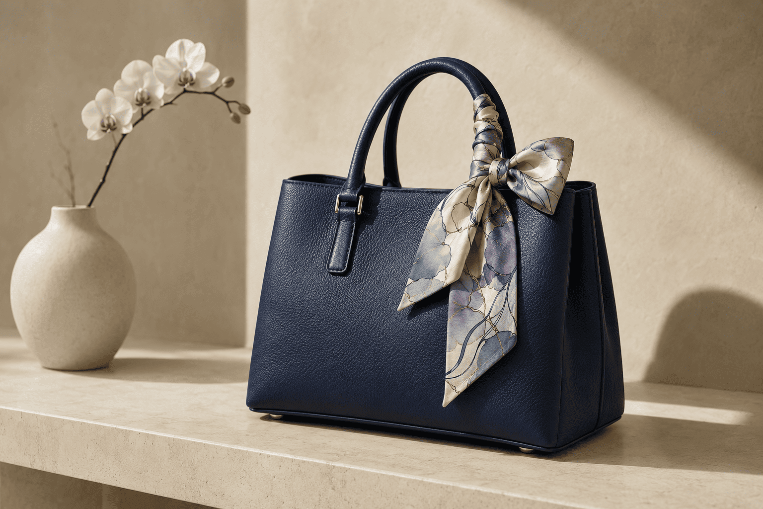 Patterned silk twilly tied around the handle of an ink-blue leather handbag