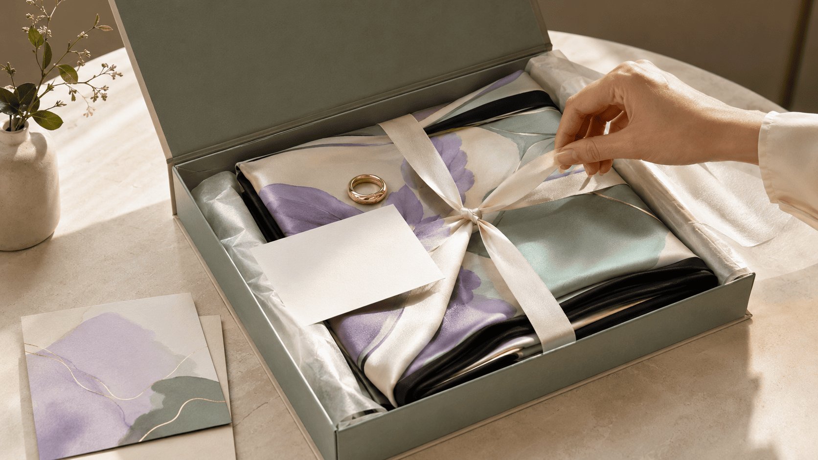 Silk scarf design with orchid, bamboo and flowing water details symbolising thoughtful sentiments