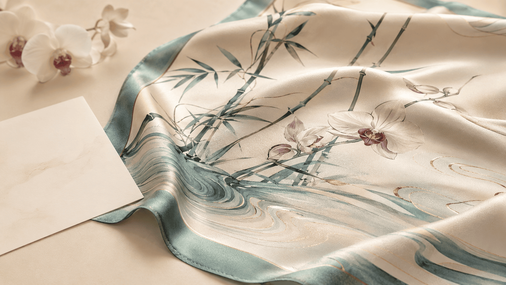 Premium silk scarf arranged in a gift box with ribbon, scarf ring and personal message card