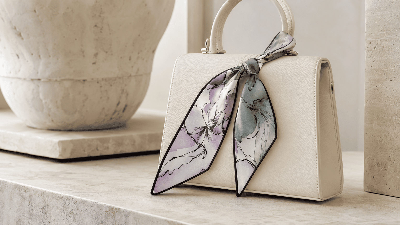 Narrow silk twilly tied around the handle of an ivory handbag