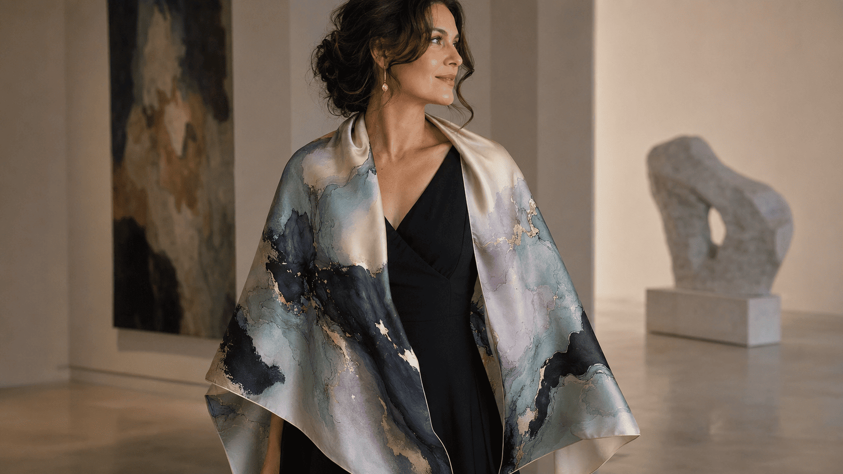 Woman wearing a large square silk scarf as an elegant shoulder wrap