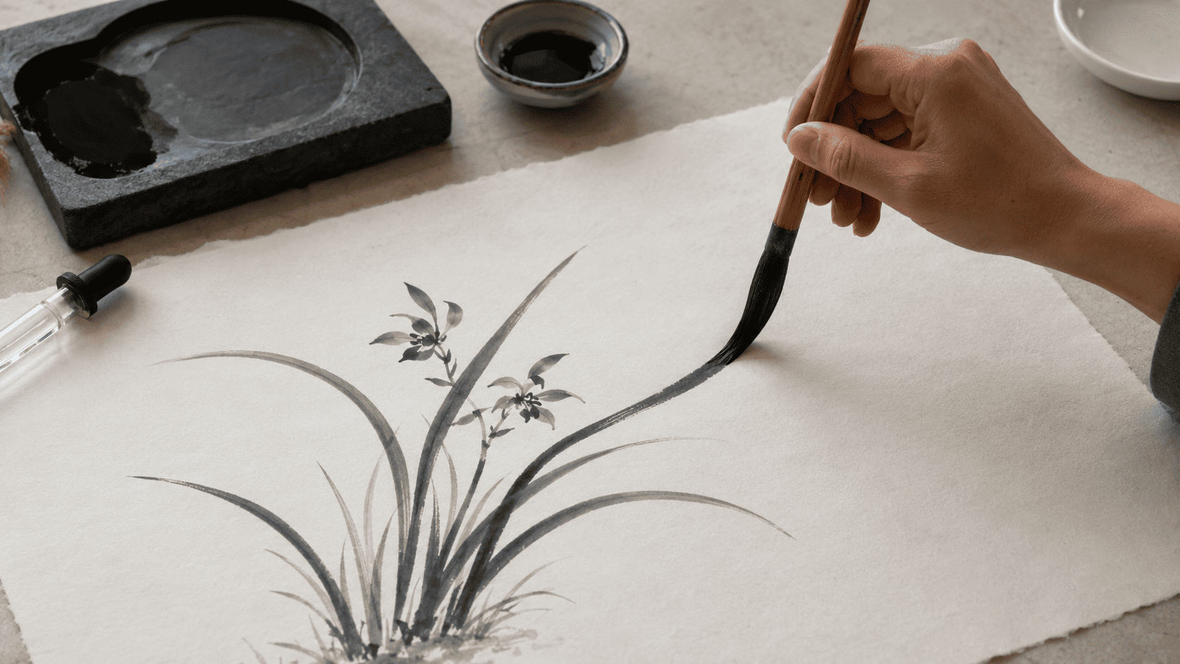 Artist painting graceful orchid leaves in black ink on Chinese paper