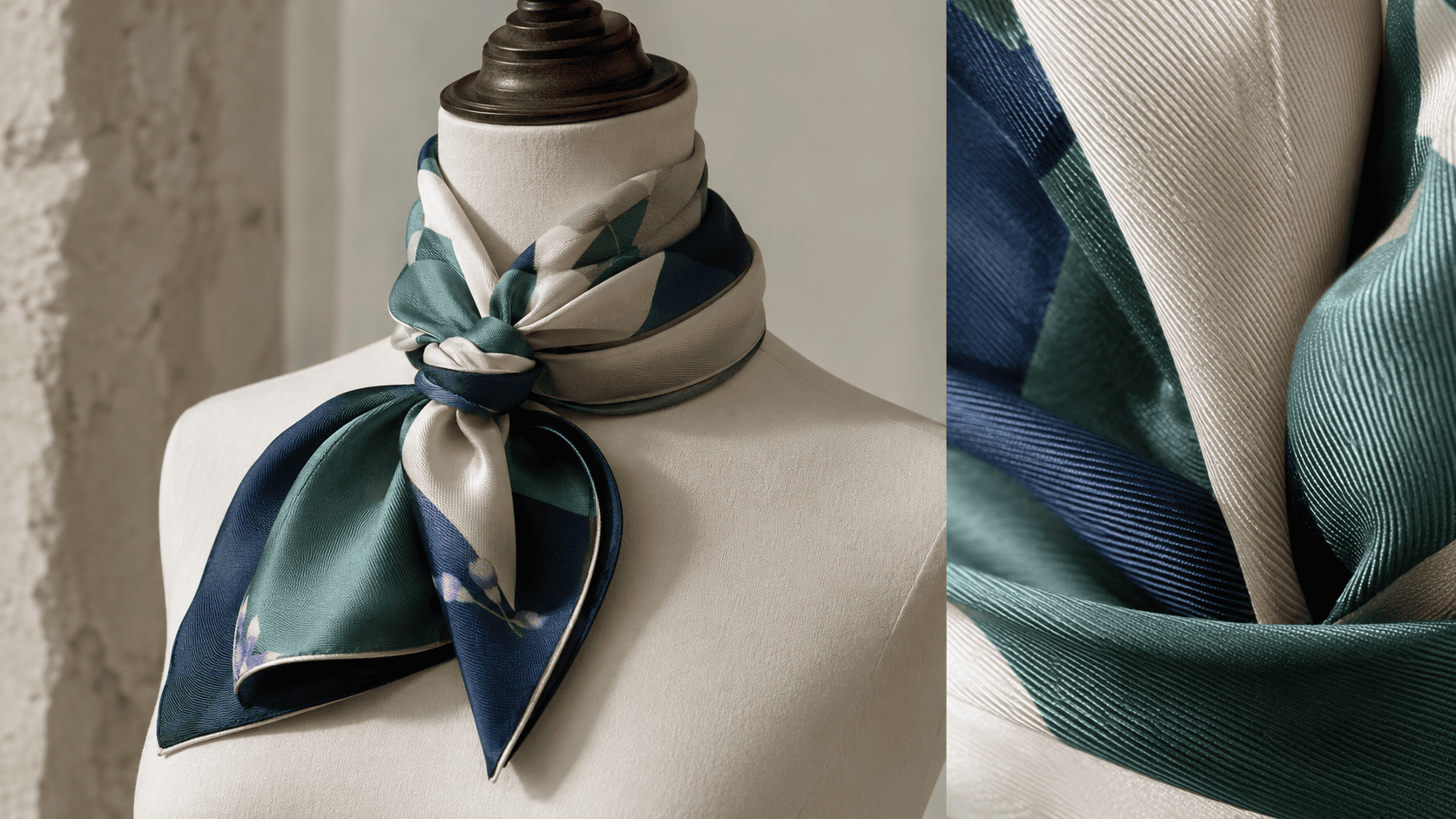 Square silk twill scarf tied on a dress form beside a close view of its woven texture