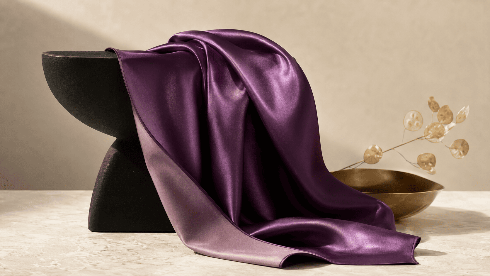 Deep orchid silk satin scarf showing its glossy face and softer less-lustrous reverse