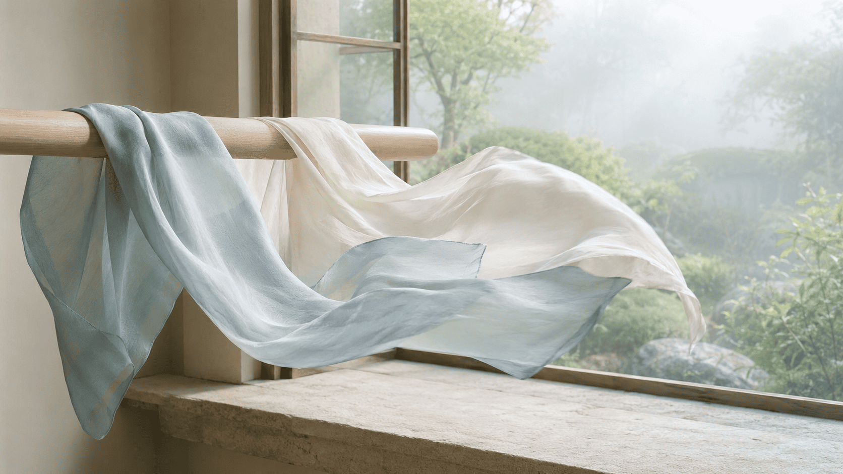 Light blue and ivory silk habotai scarves moving softly beside an open window