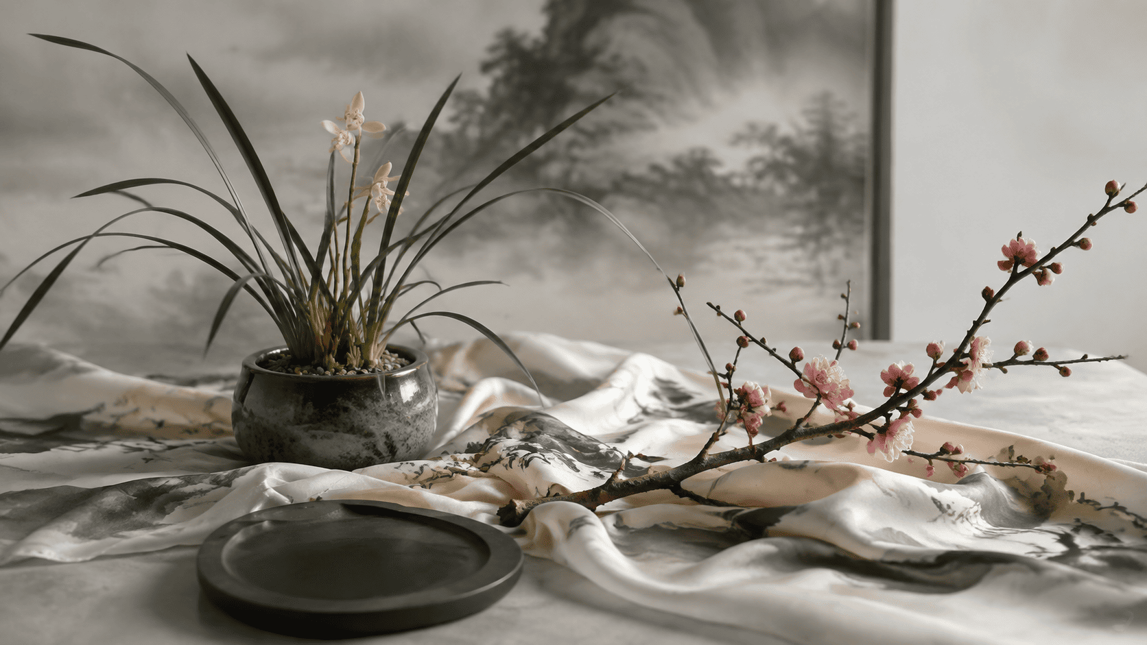 Chinese cymbidium orchid and winter plum blossom arranged over an ink-inspired silk scarf