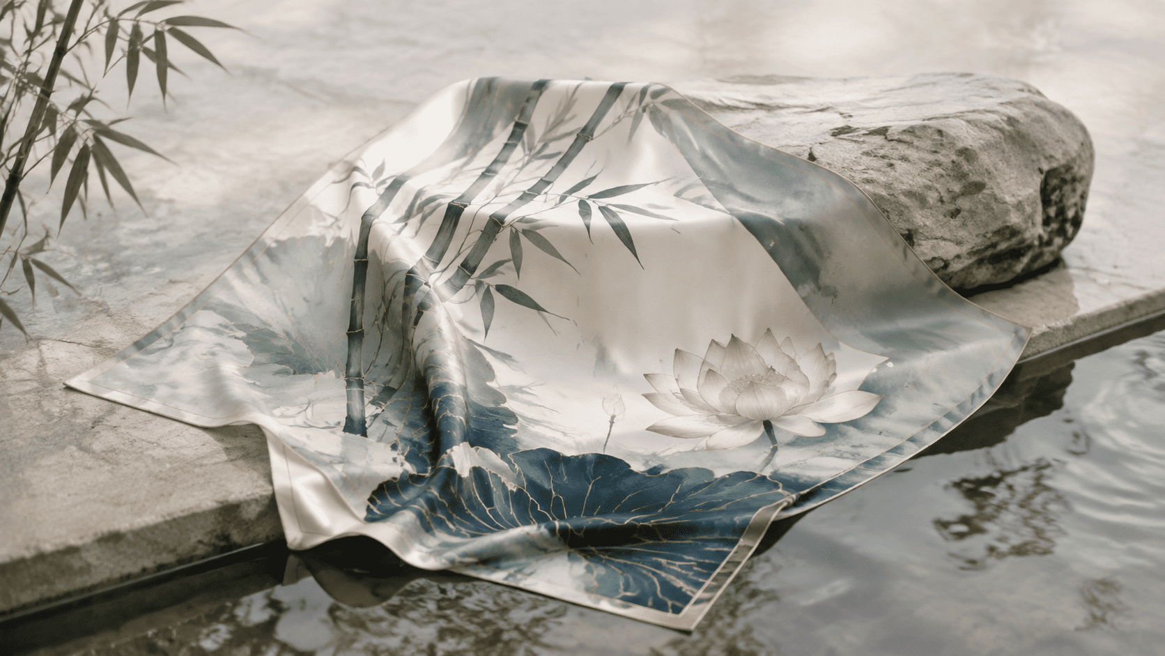 Contemporary silk scarf with bamboo and lotus motifs beside stone and reflective water