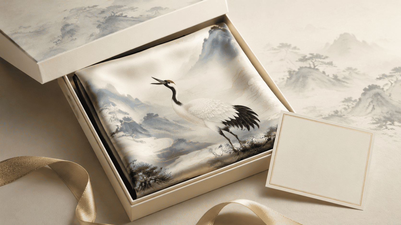 Crane-inspired silk scarf presented in an ivory gift box with ribbon and a blank story card