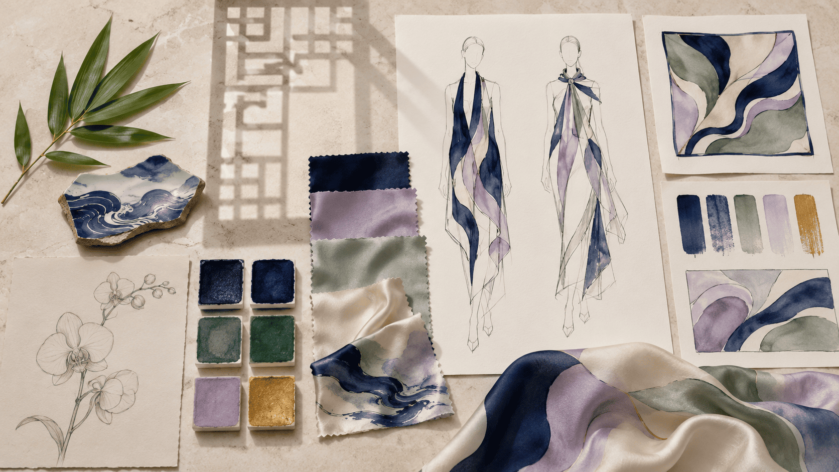 Fashion design table translating bamboo, porcelain, orchid and garden geometry into modern silk studies