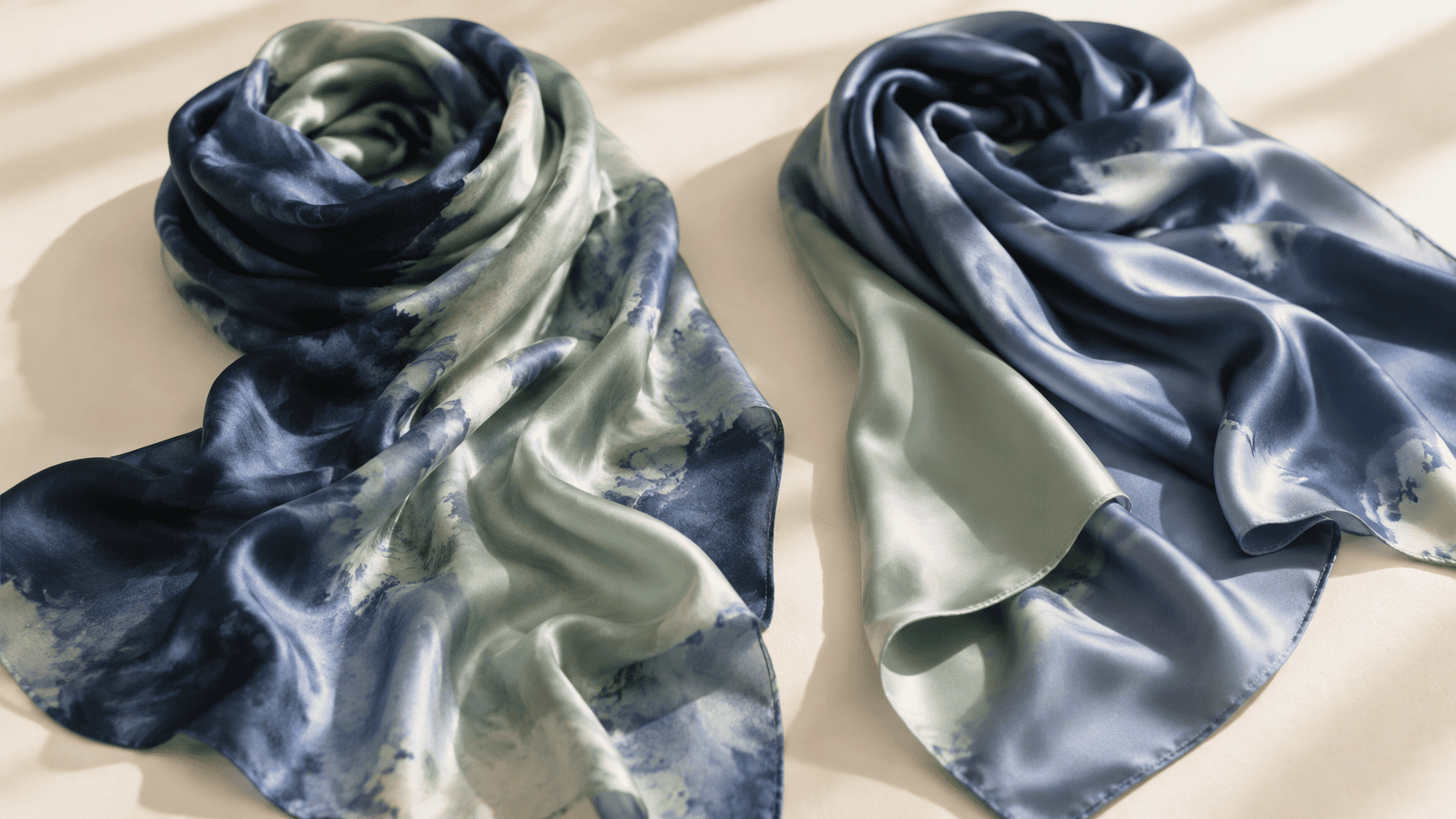 Two similar scarves arranged under angled daylight to compare changing lustre and drape
