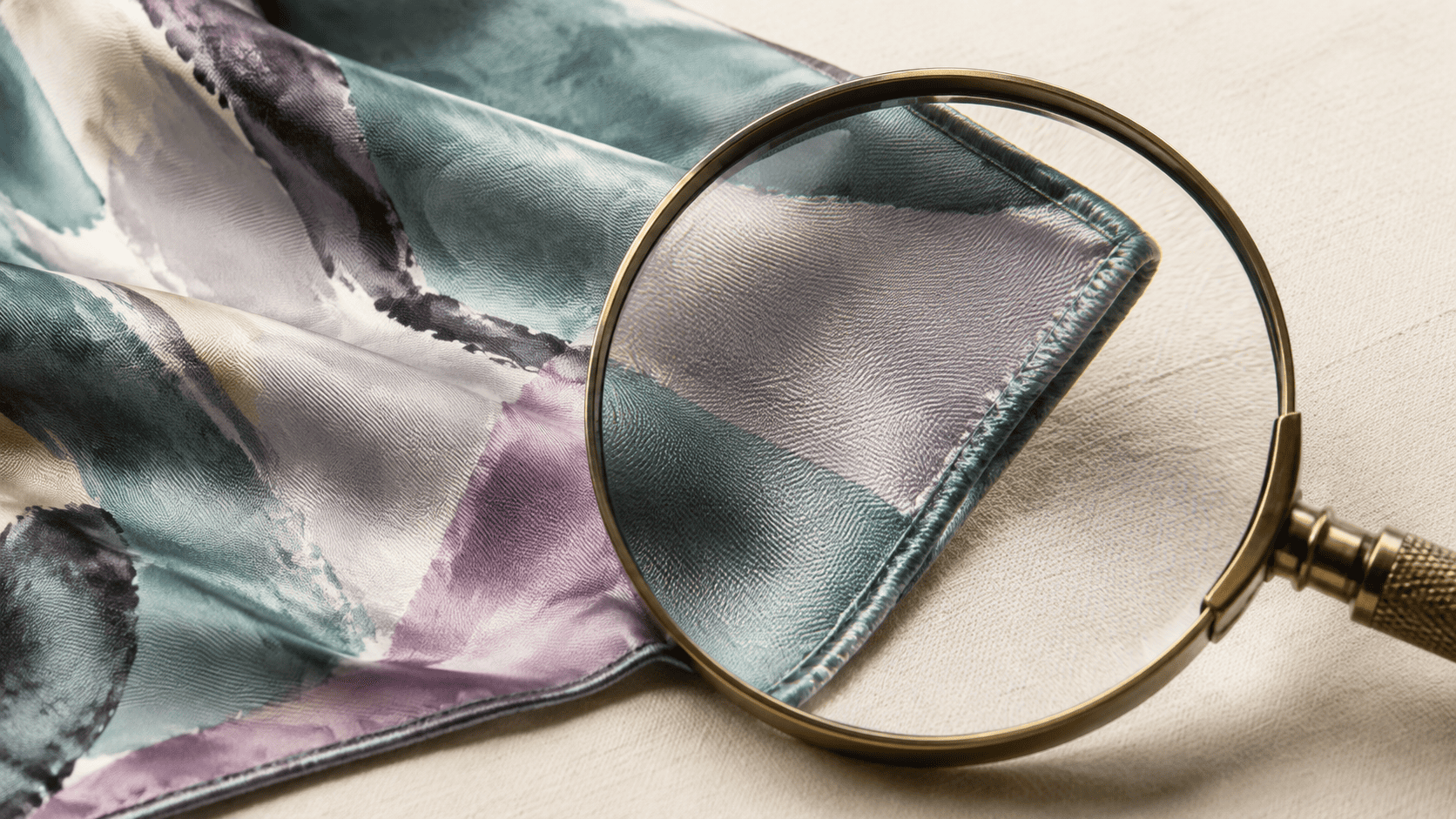 Magnifying glass revealing the diagonal weave, printed colour and finished edge of a silk scarf