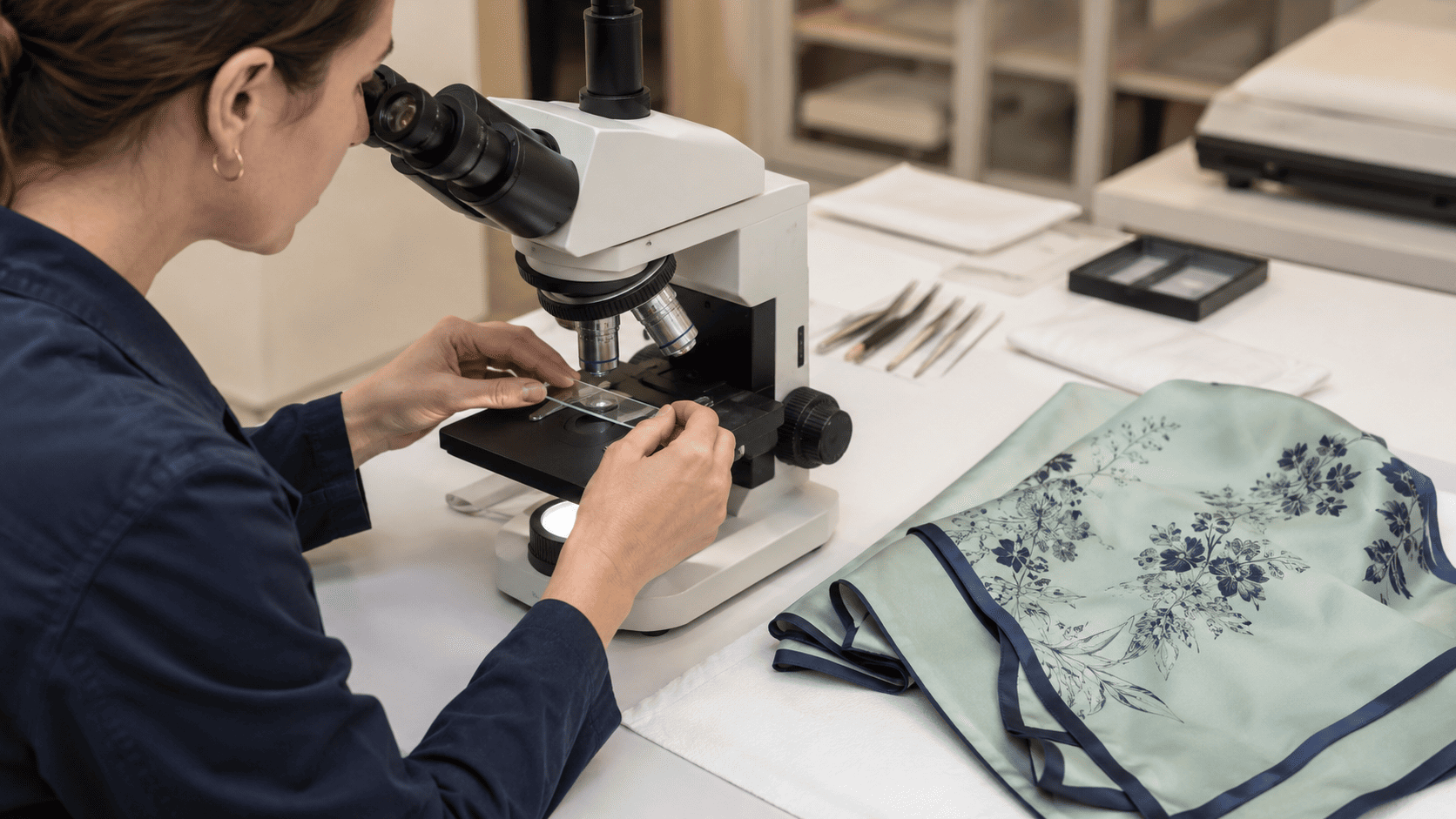 Textile conservator examining a fibre sample under a microscope beside a safely folded scarf