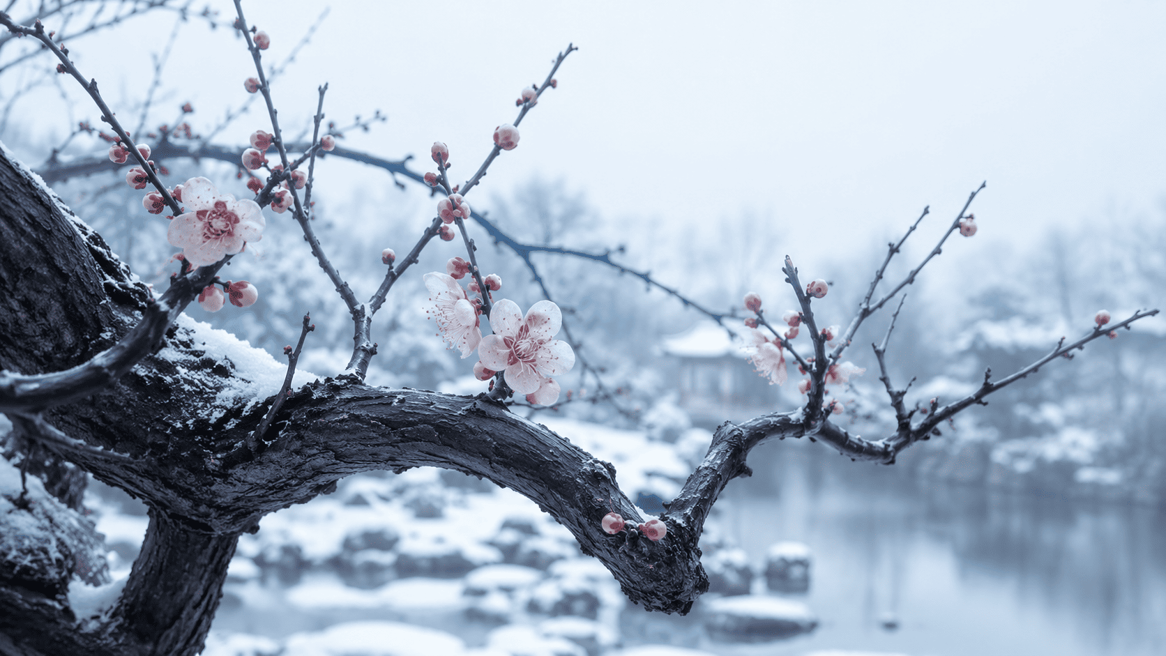 Chinese plum blossom flowering on a dark leafless branch in a snowy winter garden