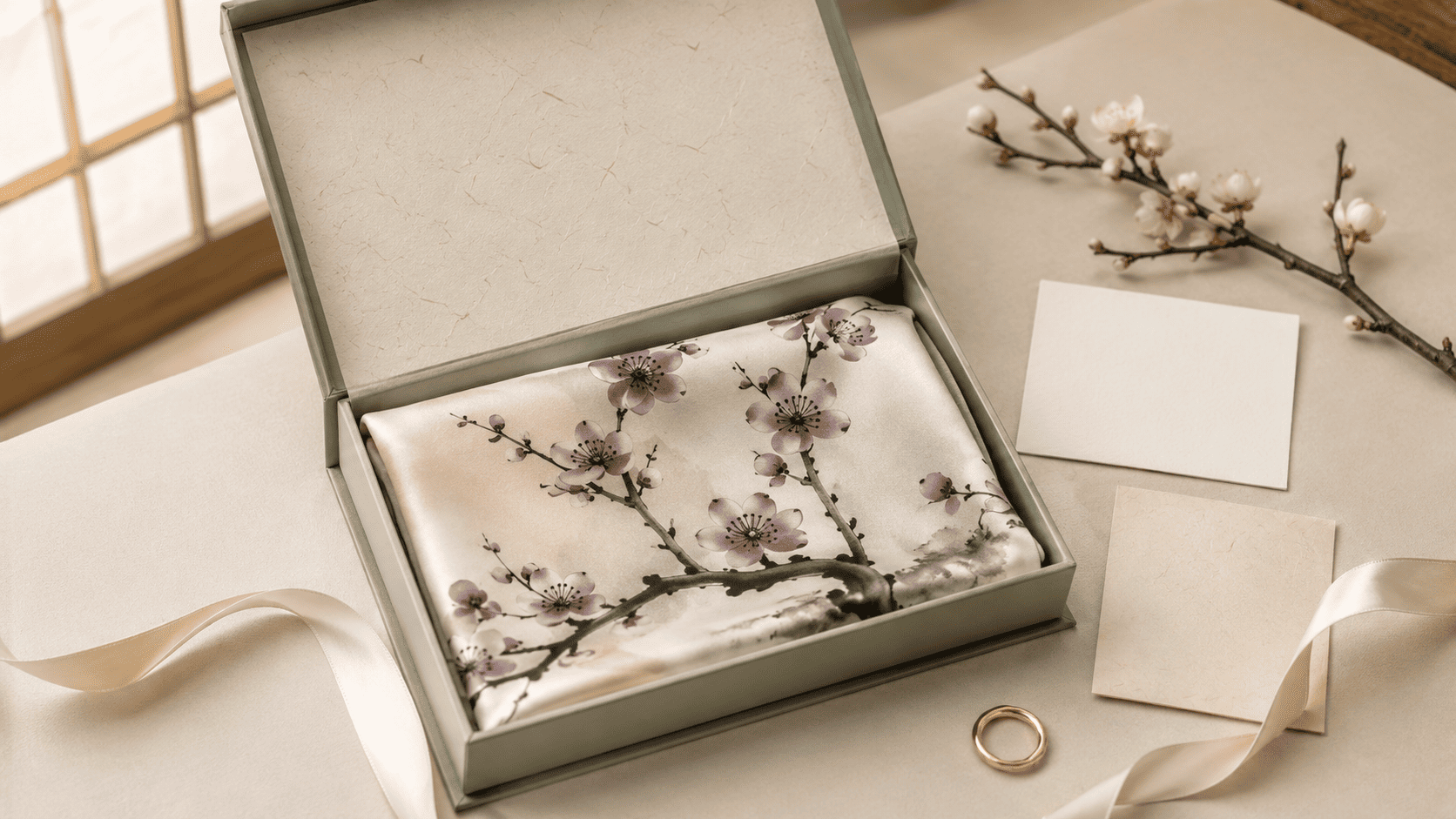 Plum blossom silk scarf presented in a gift box with message card and scarf ring