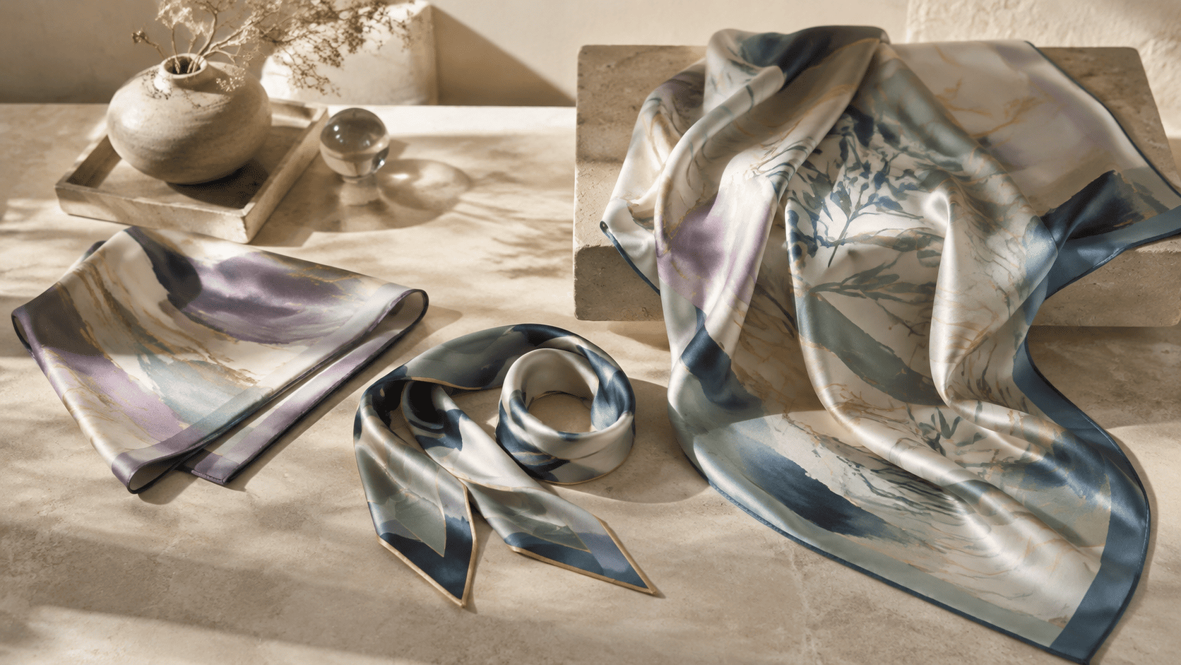 Close comparison of structured green silk twill, luminous orchid silk satin and lightweight ink-blue silk habotai