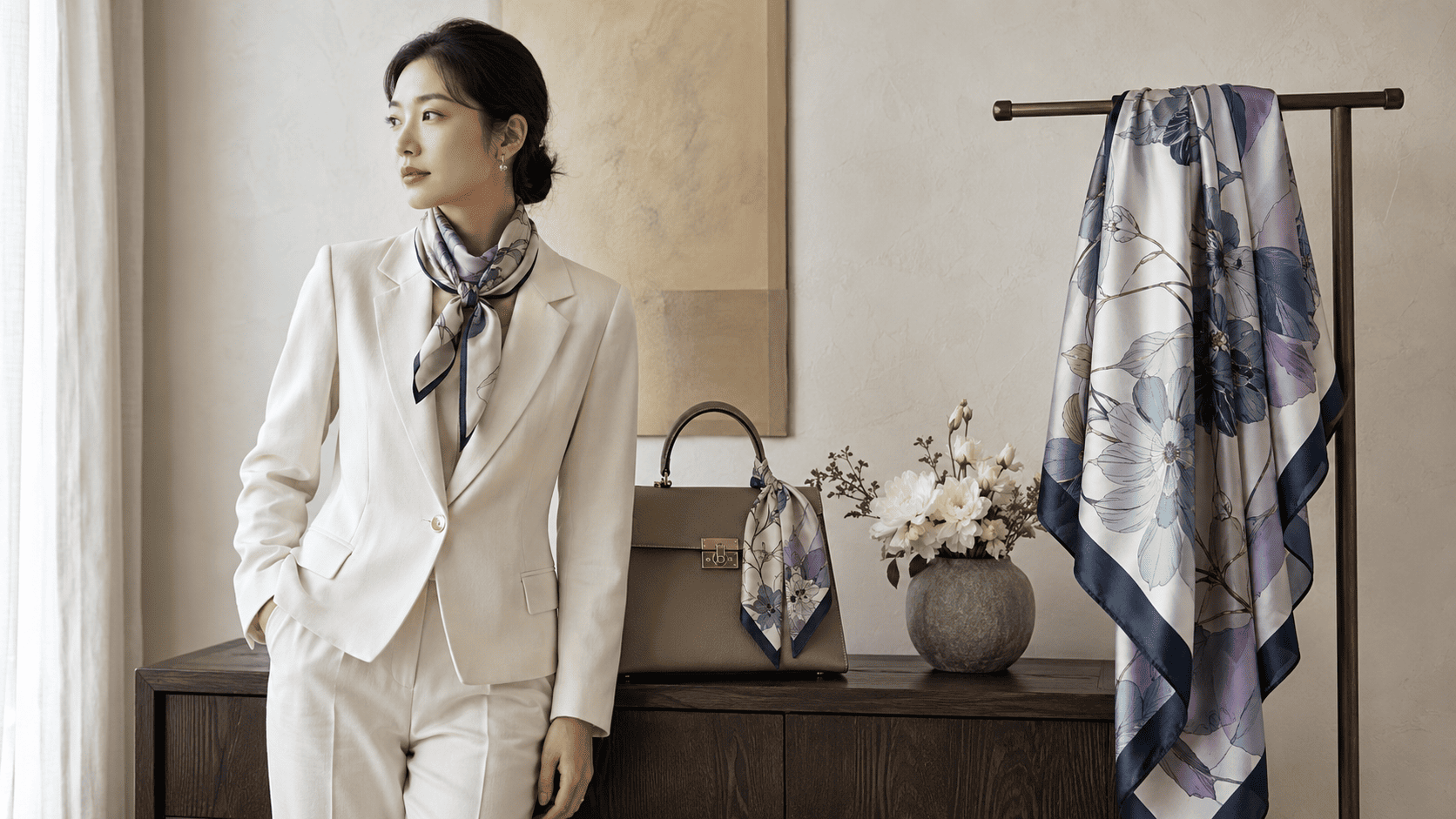 Woman wearing a medium silk square with a twilly tied to a handbag and a large square displayed nearby