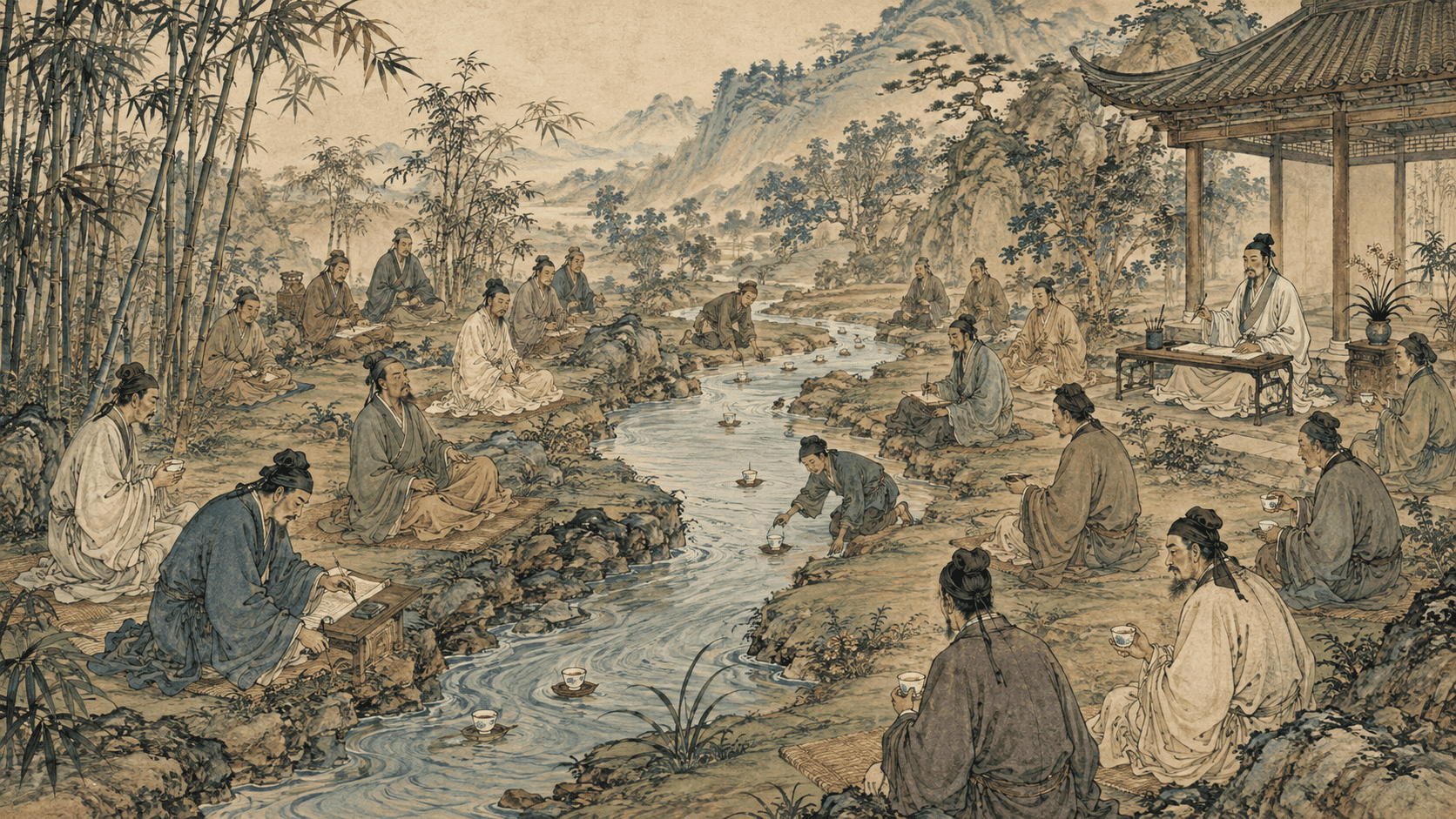 Original handscroll-inspired interpretation of scholars gathering beside a winding stream at the Orchid Pavilion in 353