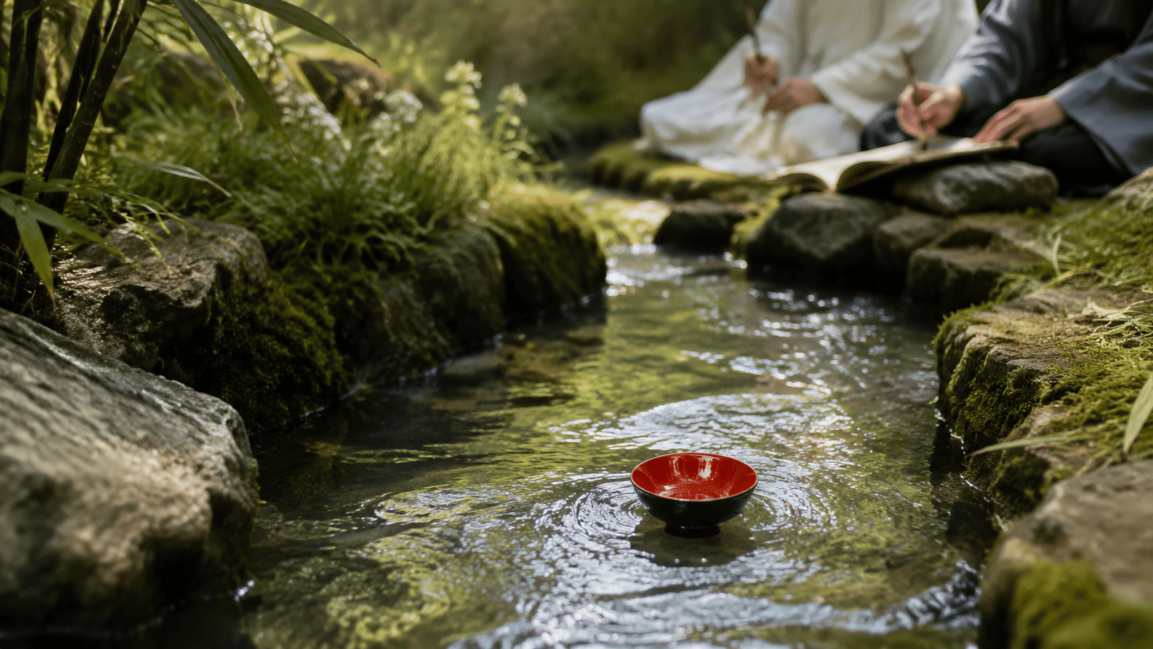Small lacquer wine cup floating along a winding garden stream during an Orchid Pavilion poetry game