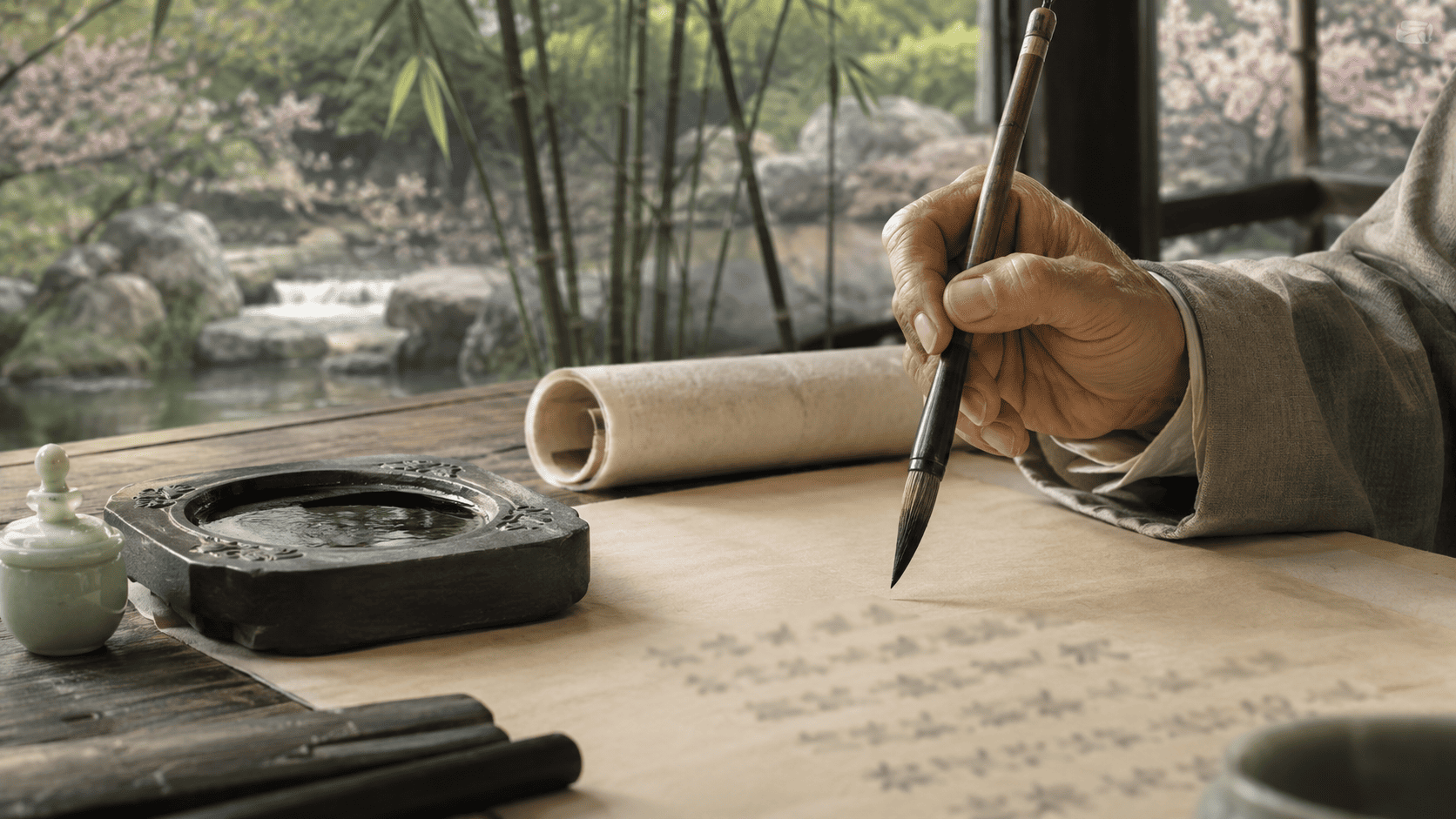 Historically inspired close view of a scholar writing with brush and ink beside a spring garden stream