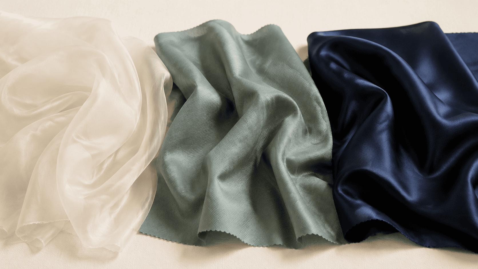 Light, medium and substantial silk fabrics arranged to compare transparency, drape and density