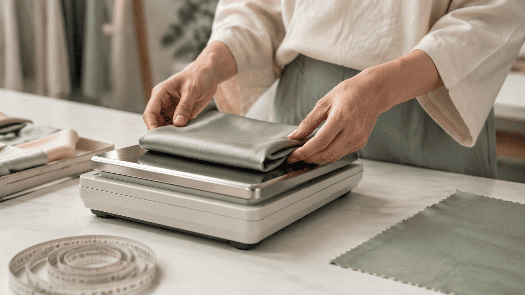 Textile artisan placing a folded silk sample on a precision balance beside measuring tools