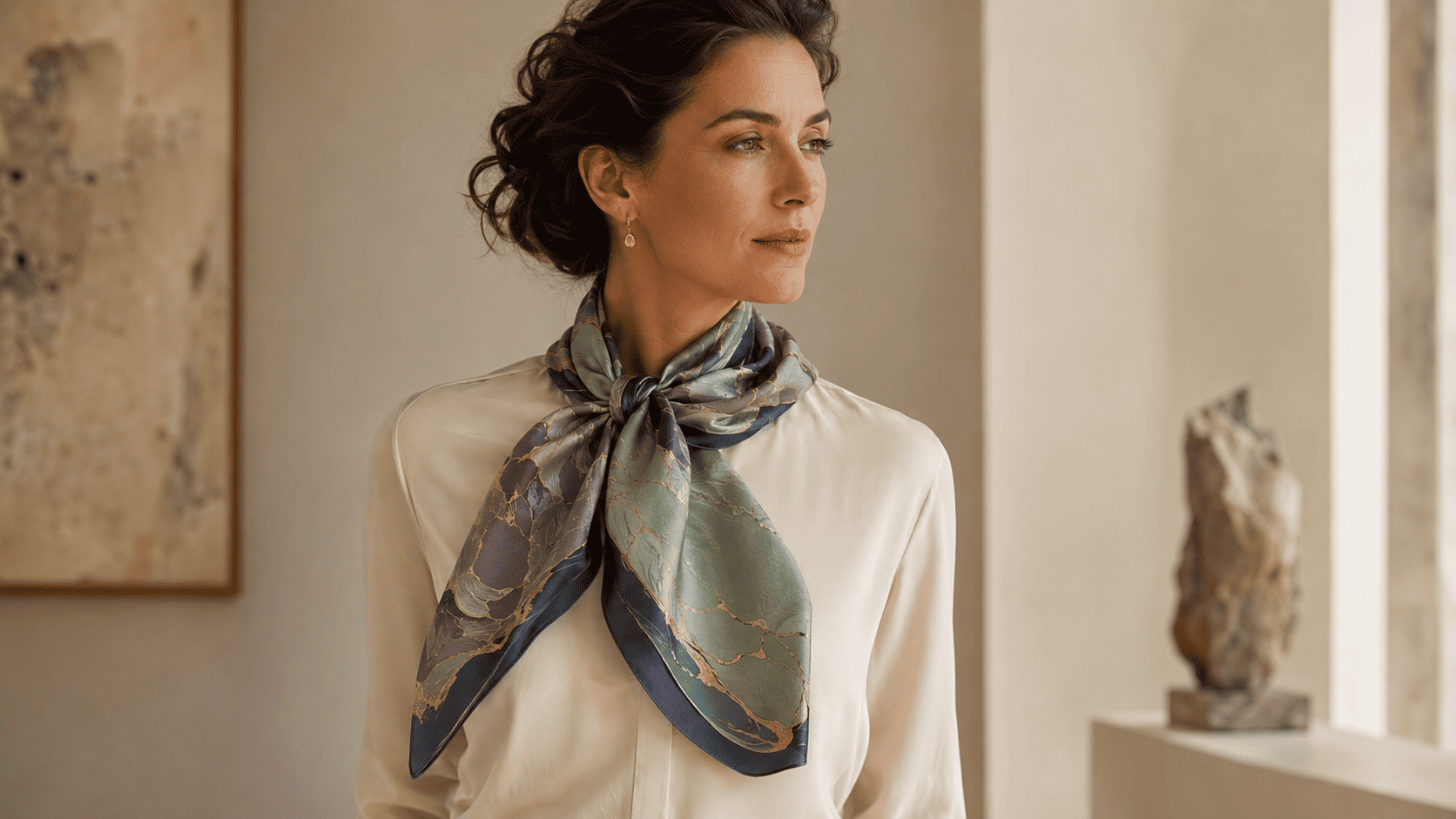 Elegant woman over 30 wearing a medium-weight silk twill scarf in a structured neck knot