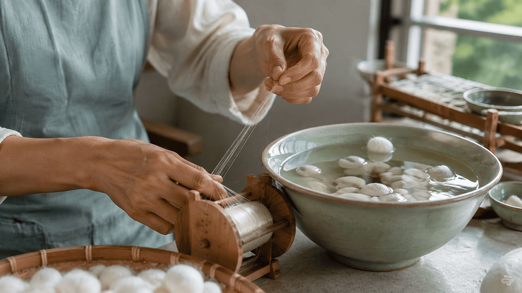 Artisan hands gathering fine mulberry silk filaments from softened cocoons onto a wooden reel