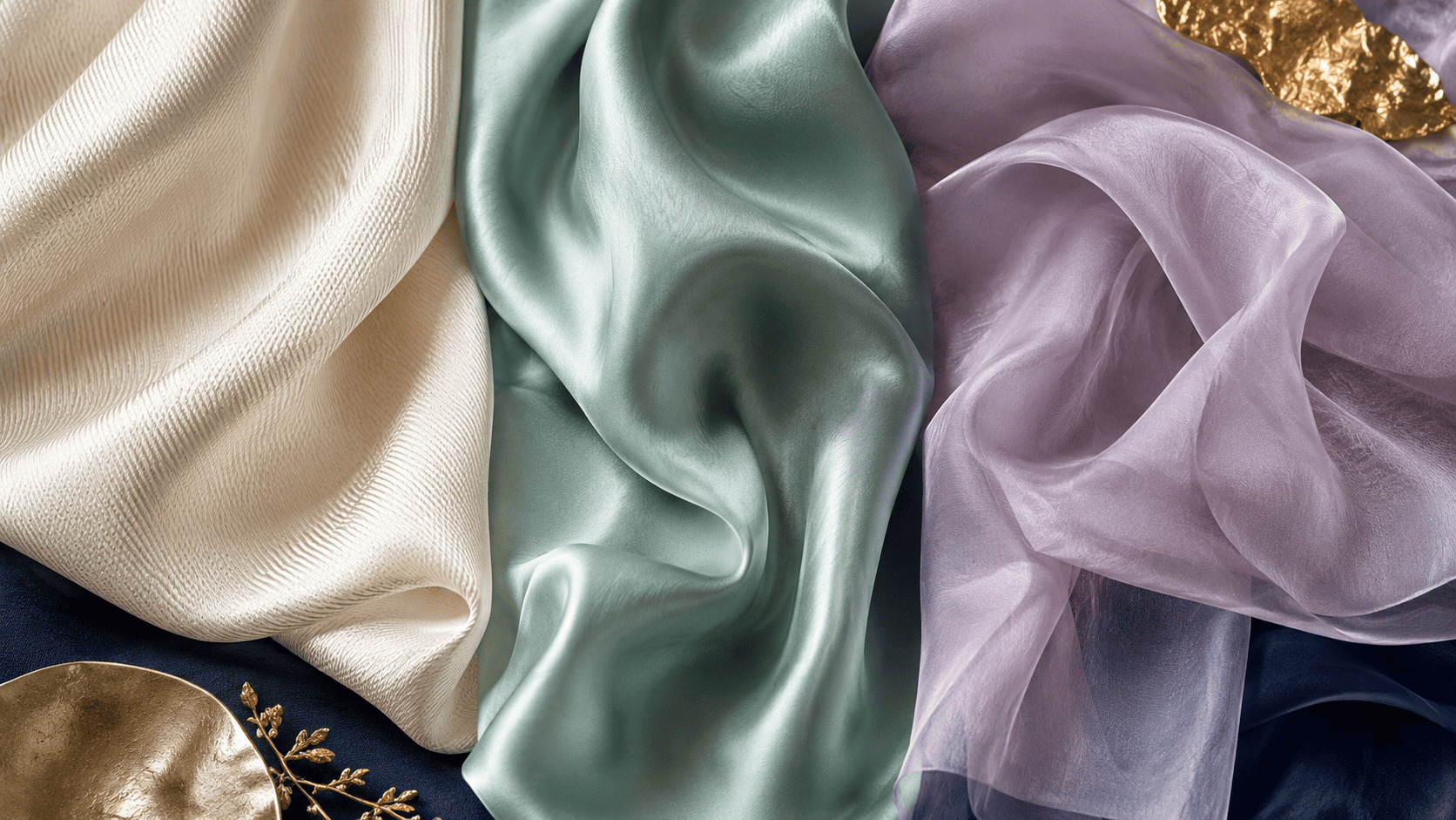Three mulberry silk fabrics showing structured twill, smooth satin and lightweight habotai textures