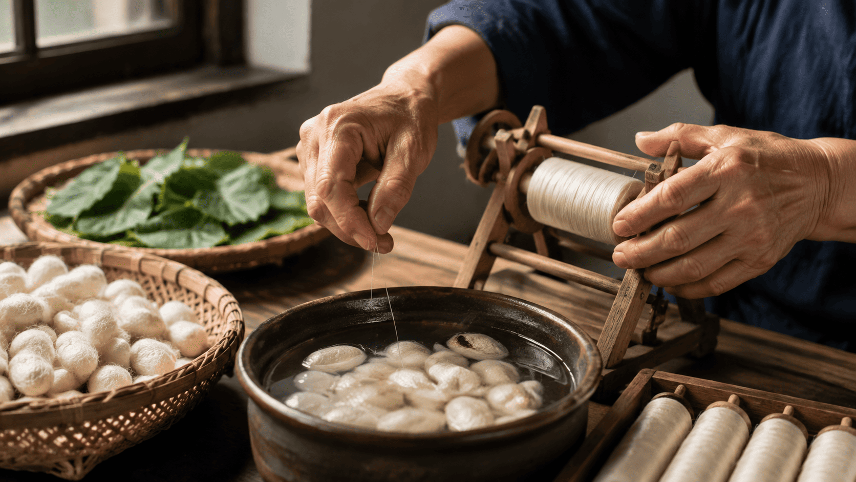 Adult artisan reeling silk filaments from cocoons beside mulberry leaves and wooden spools