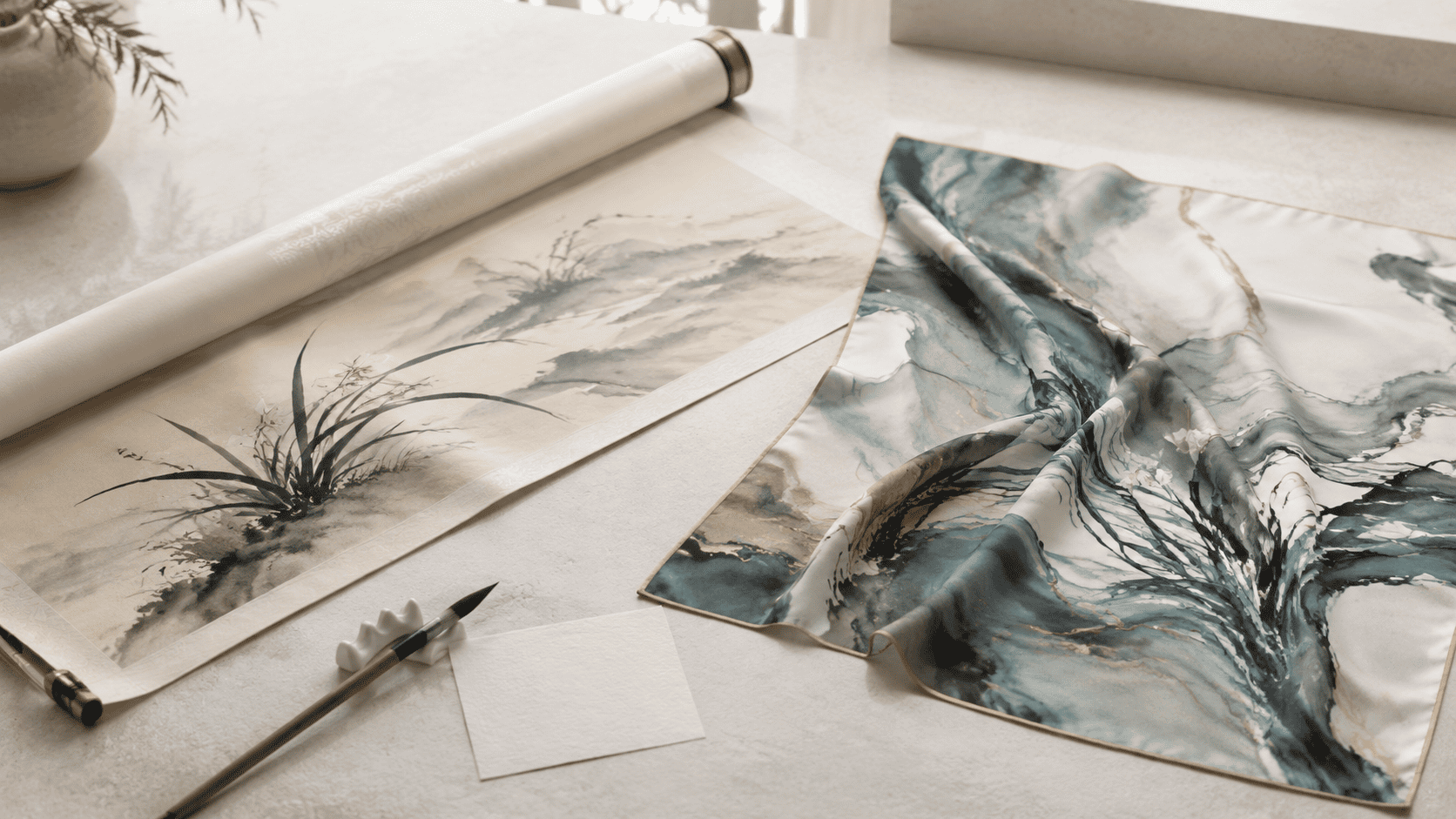 Chinese silk handscroll beside a contemporary square scarf translating ink movement into wearable design